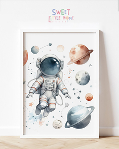 Quadro Infantil Astronauta Planetas Aquarela