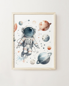 Quadro Infantil Astronauta Planetas Aquarela