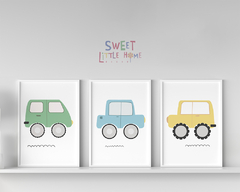 Kit 3 Quadros Infantil Carrinhos Coloridos