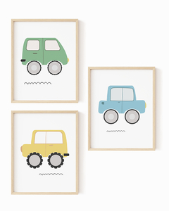 Kit 3 Quadros Infantil Carrinhos Coloridos