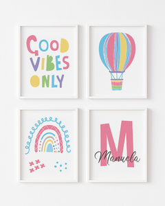 Kit 4 Quadros Para Quarto Infantil - Balão Arco Iris Manuela