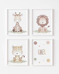 Kit Quadros Infantil Personalizado Safari Aquarela Rael