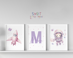 Kit Quadro Infantil Astronauta e Foguete Rosa Menina Maria