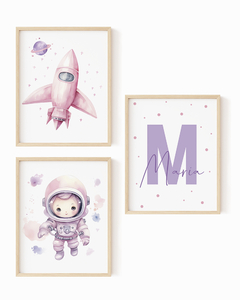 Kit Quadro Infantil Astronauta e Foguete Rosa Menina Maria