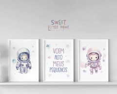 Kit Quadro Infantil Irmãos Astronauta Voe Alto Meus Pequenos