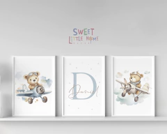 Conj. Quadro Infantil Personalizado Ursinho Aviador Daniel