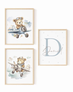Conj. Quadro Infantil Personalizado Ursinho Aviador Daniel