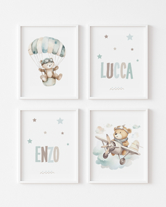 Conj Quadro Infantil Personalizado Ursinho Aviador Lucca e Enzo