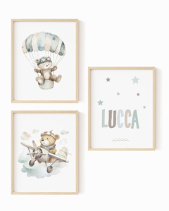 Conj. Quadro Infantil Personalizado Ursinho Aviador Lucca