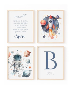 Conj Quadro Infantil Astronauta Aquarela Bento e Oração Anjo
