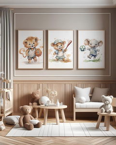 Conj. Quadro Infantil - Bichinhos Esportistas Aquarela