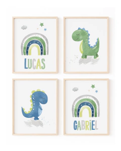 Conjunto de quadros infantis com dinossauros e arcos-íris, apresentando os nomes Lucas e Gabriel.