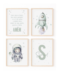 Kit de quadros infantis personalizados com tema de astronauta, incluindo ilustrações de um astronauta, uma foguete e texto decorativo.