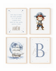 Conjunto de quadros infantis com tema de pirata, incluindo uma ilustração de menino pirata, um barco, e a letra B estilizada.