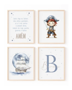 Conjunto de quadros infantis com tema de pirata, incluindo uma ilustração de menino pirata, um barco, e a letra B estilizada.