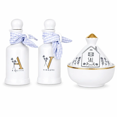 Kit Saleiro Marroquino e Conjunto Porta Azeite e Vinagre Letras