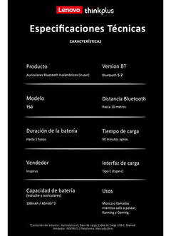 AURICULAR DEPORTIVO BT LENOVO T50 NEGRO