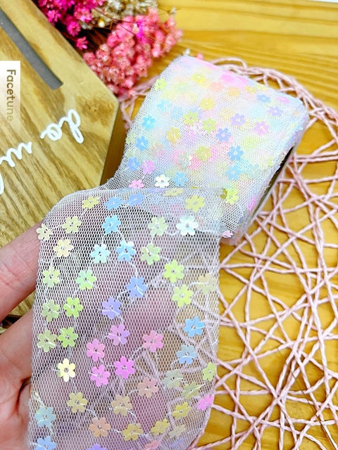 TULE PAÊTE FLORZINHA CORES CANDIES 6 CM (1 METRO)