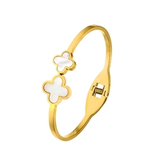 Bracelete Feminino Trevo Madrepérola Aço Inoxidável Ouro 18k