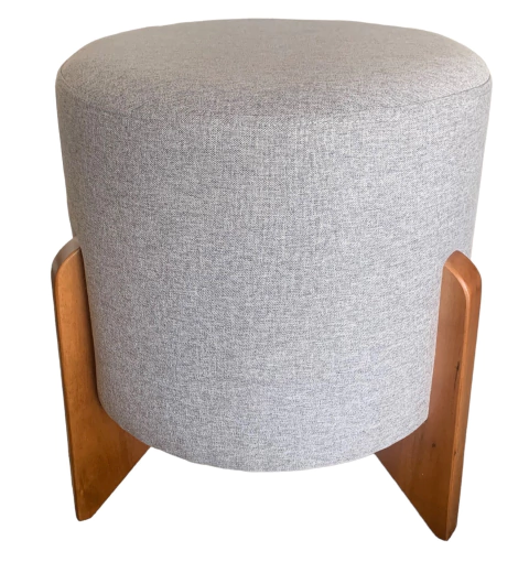Puff redondo luxo pés madeira maciça linho cinza