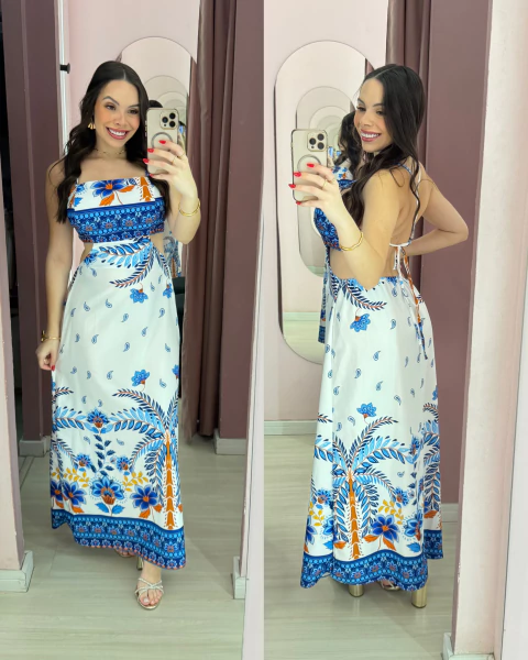 Vestido duna longo estampado de alcinha com abertura na barriga Patricia - comprar online