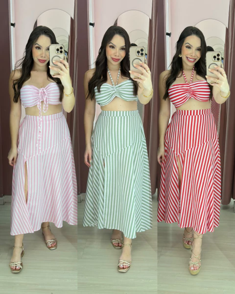 Conjunto Lupita linho Cropped com bojo e saia com elastico atrás - comprar online
