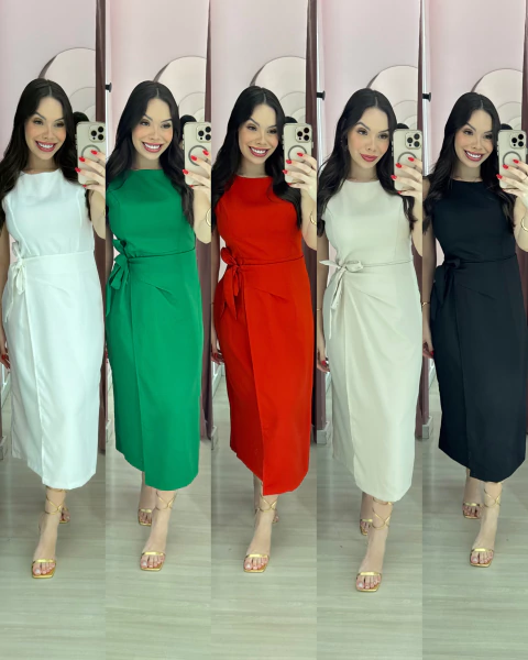 Vestido mid envelope sem mangas com amarração na cintura Laura - comprar online