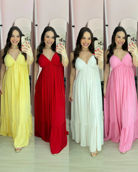 Vestido viscolinho longo decotado de alcinha Tereza - comprar online