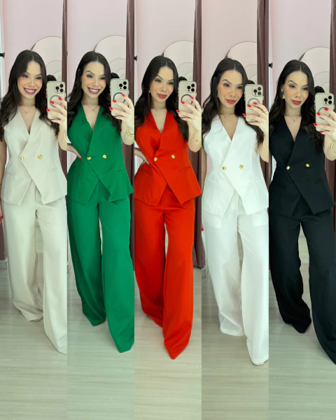 Conjunto alfaiataria colete alongado botões dourados e calça Nina - comprar online