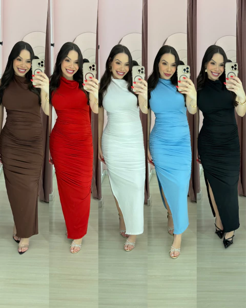 Vestido longo poliamida franzido e sem mangas Flavia - comprar online