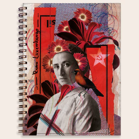 Caderno escolar com arte de Rosa Luxemburgo, apresentando flores vermelhas e um pássaro, em estilo vibrante e colorido.