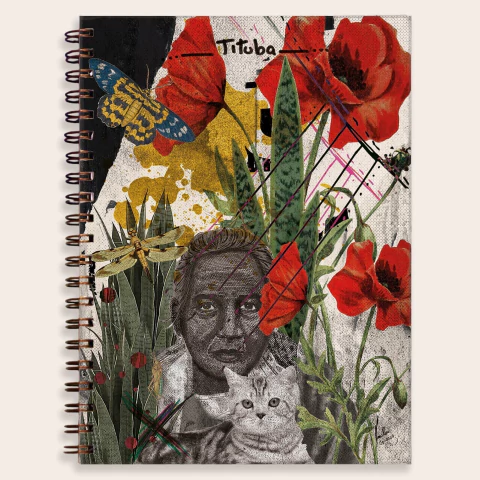 Caderno escolar Tituba com ilustrações de flores, uma borboleta, e um gato, apresentando um design artístico vibrante com colagem.