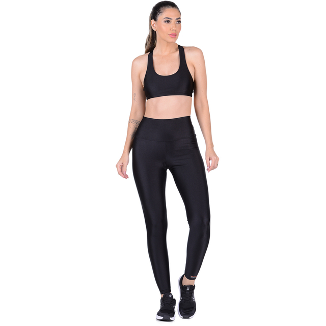 Conjunto Fitness Cirrê Top Com Bojo Removível e Calça Cós Alto Preto