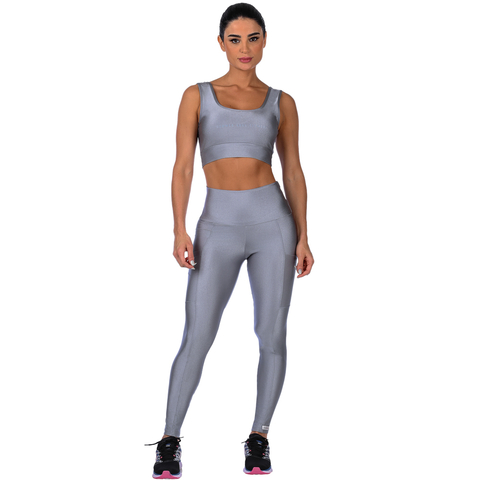 Calça Legging Fitness Cirrê Cós Alto Com Bolso Prata - loja online