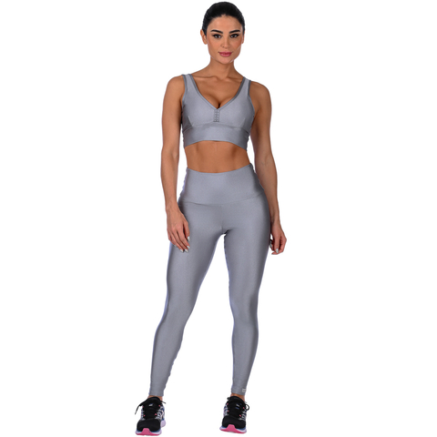 Calça Legging Fitness Cirrê Cós Alto Básica Prata - loja online