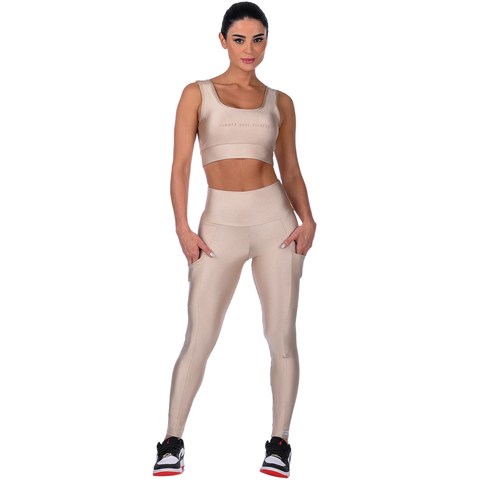 Calça Legging Fitness Cirrê Cós Alto Com Bolso Bege - loja online