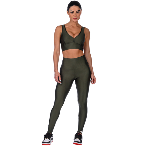 Calça Legging Fitness Cirrê Cós Alto Básica Verde Militar - loja online
