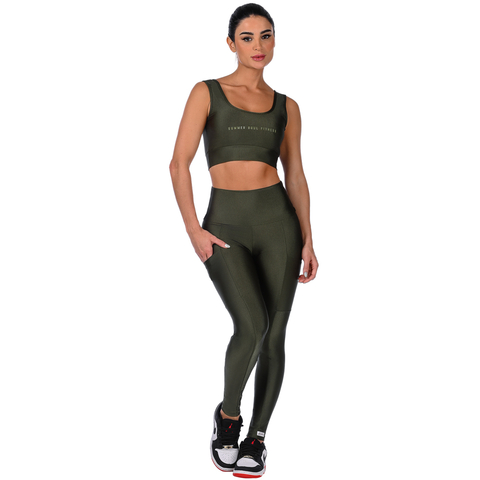 Calça Legging Fitness Cirrê Cós Alto Com Bolso Verde - loja online