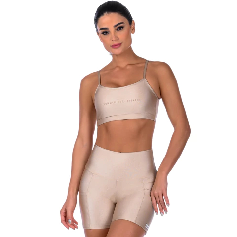 Short Curto Fitness Cirrê Com Bolso Bege - loja online