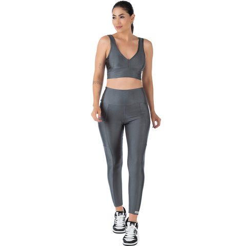 Calça Legging Fitness Cinza Cirrê Cós Alto com Bolso para Treinos Confortáveis - Summer Soul