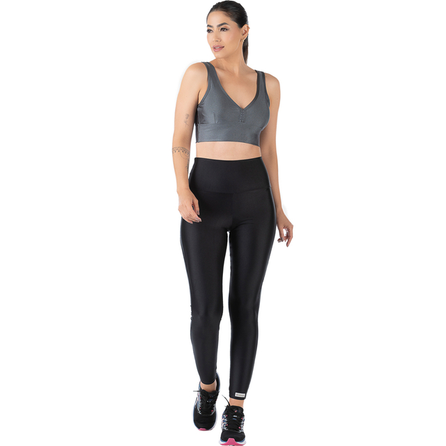 Conjunto Fitness Cirrê Top Cinza e Calça Preta