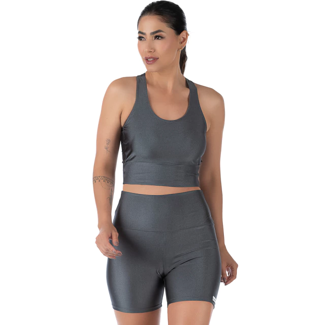 Conjunto Fitness Cirrê Short e Top Cinza