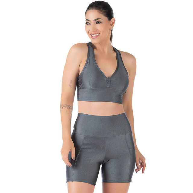 Conjunto Fitness Cirrê Top e Short Cinza