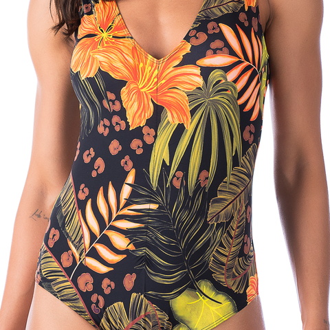 Maiô de Praia Com Bojo Folhagem Preto - Summer Soul