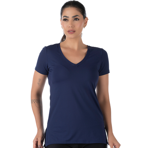 Blusa Fitness Manga Curta NewTrip Decote V com Fenda Azul
