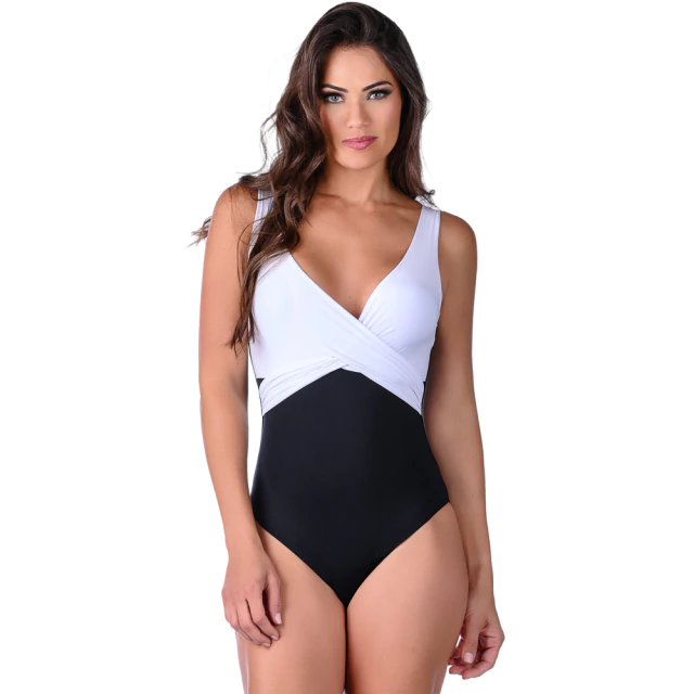 Maiô Body Decote Transpassado Com Bojo Preto e Branco - comprar online