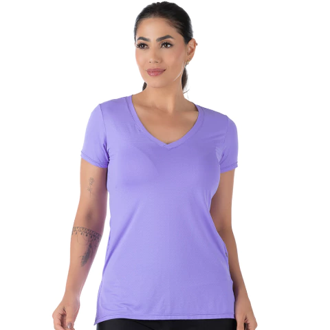 Blusa Fitness Manga Curta NewTrip Decote V com Fenda Roxa