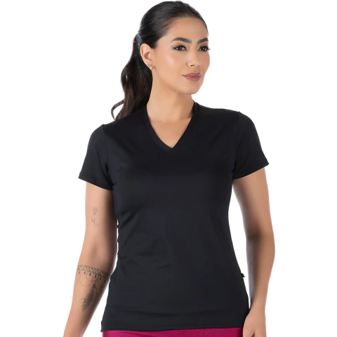 Blusa Fitness Manga Curta Decote V Preta em Tecido NewTrip