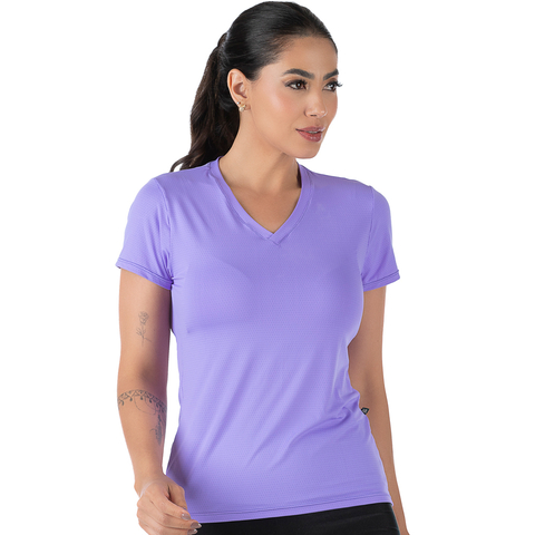 Blusa Fitness Manga Curta Decote V Roxa em Tecido NewTrip