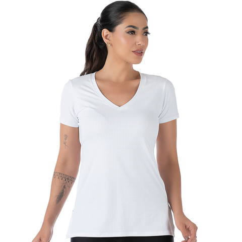 Blusa Manga Curta Fitness Newtrip Decote V Com Fenda Branca